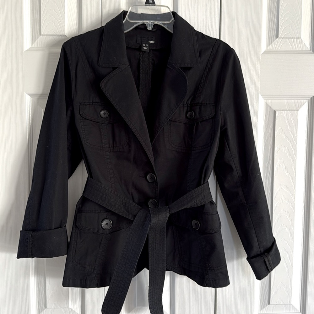 H&M Women's Rich Black Cotton-Blend Belted Waist Utility-Style Jacket - Size 14 - Picture 2 of 11
